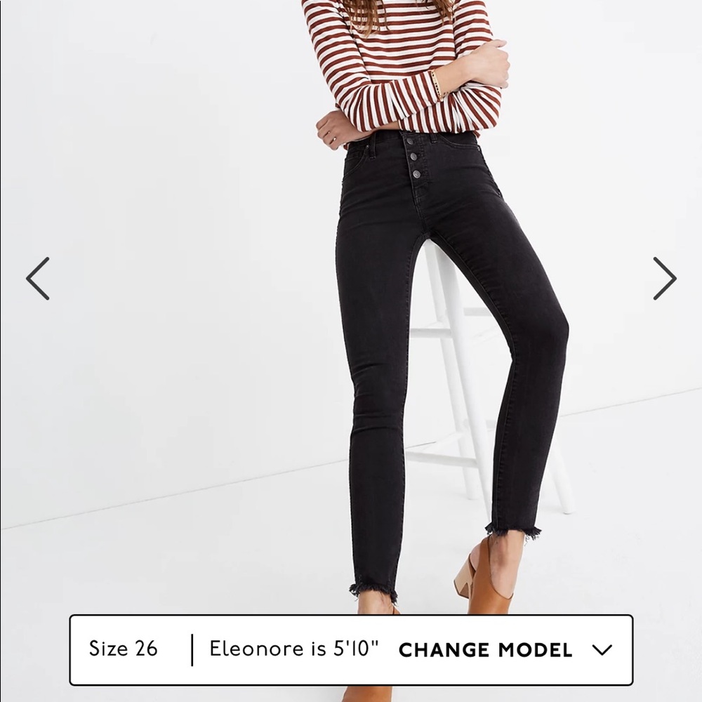 10" High-Rise Skinny Jeans in Berkeley Black: Button-Through Edition (Size 28).